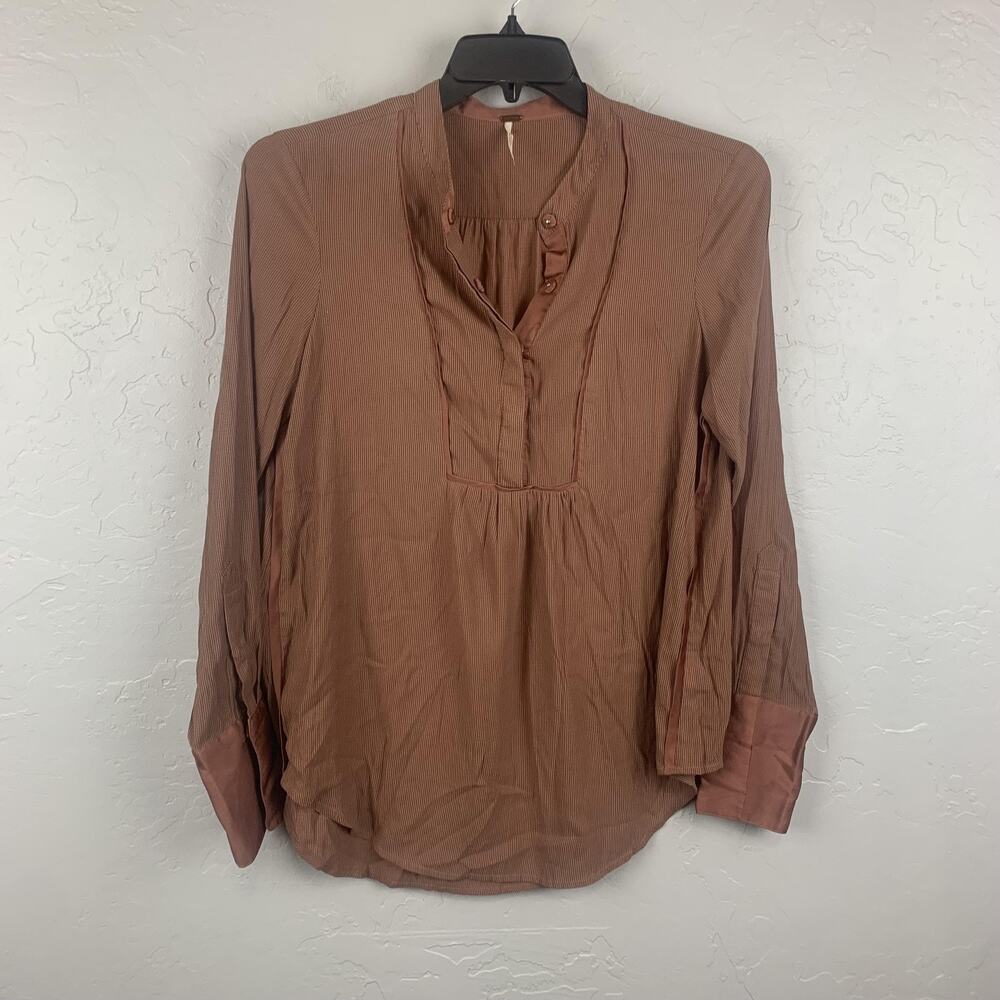 Free People Shirt Womens Medium Brown Henley Tunic Long Sleeve Boho Top